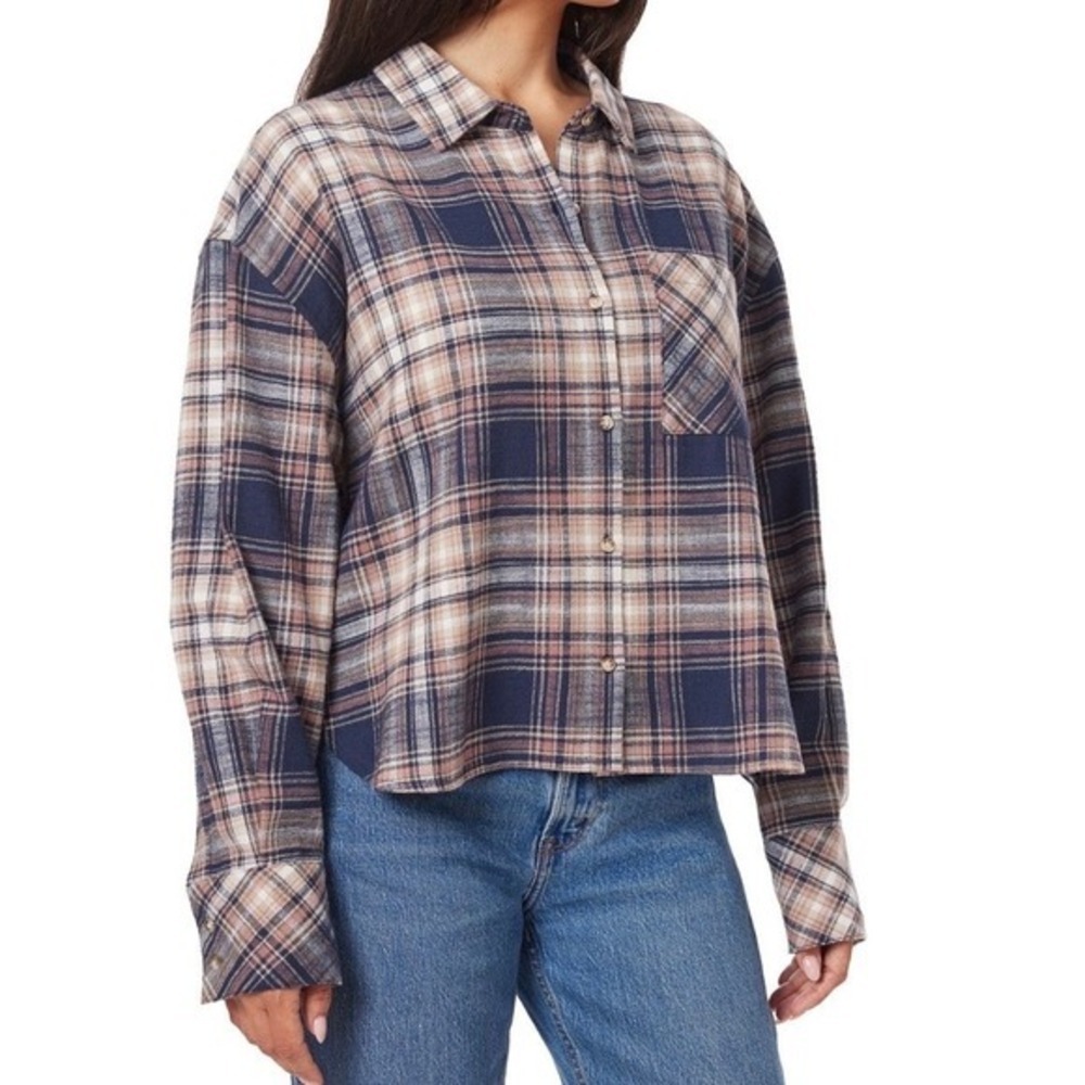 Scotch & Soda Women Plaid Flannel Shirt Cropped Button Up‎ Long Sleeve XXL New